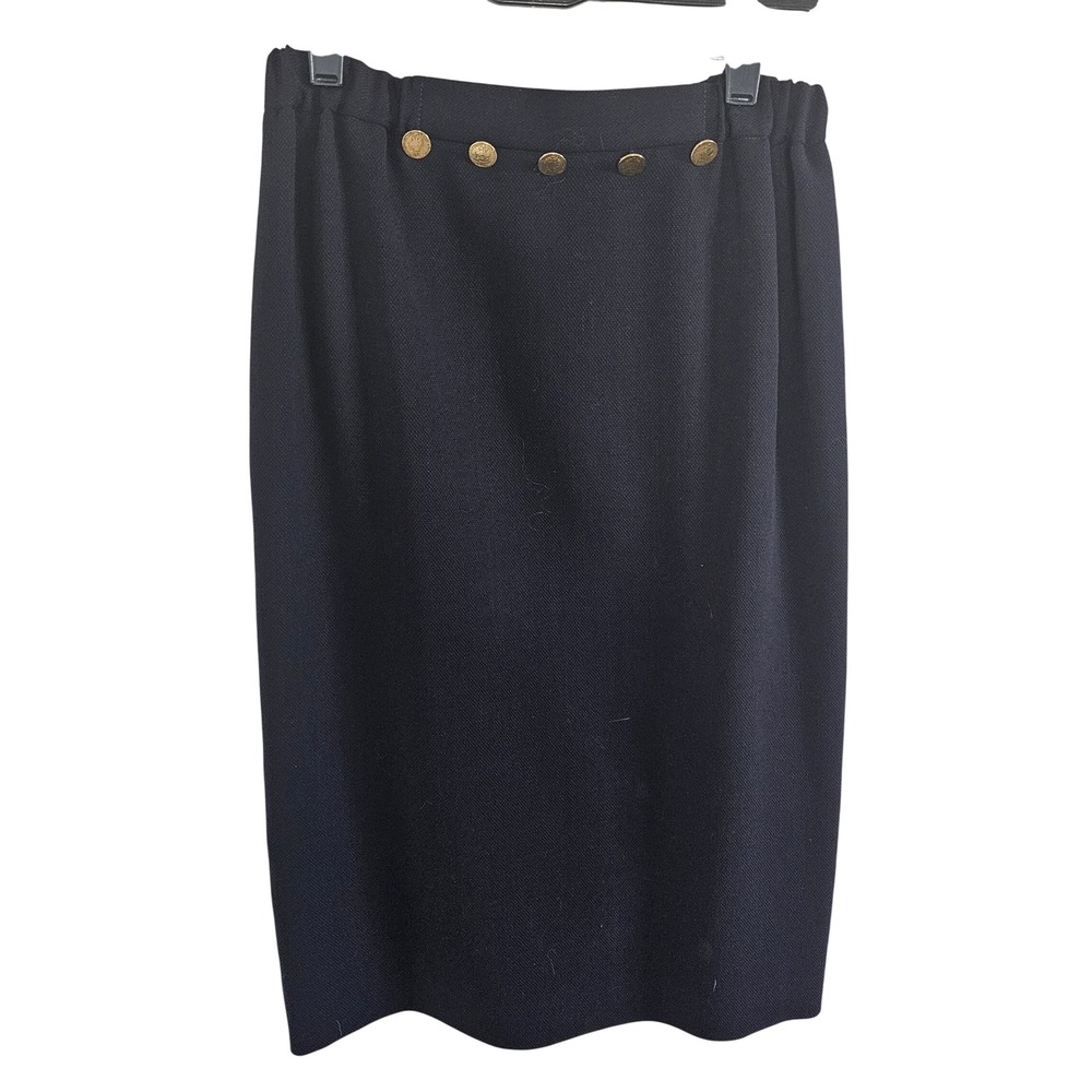 Jaeger Navy Blue Pure Wool Pencil Skirt Gold Crest Buttons Made in GB Womens 6